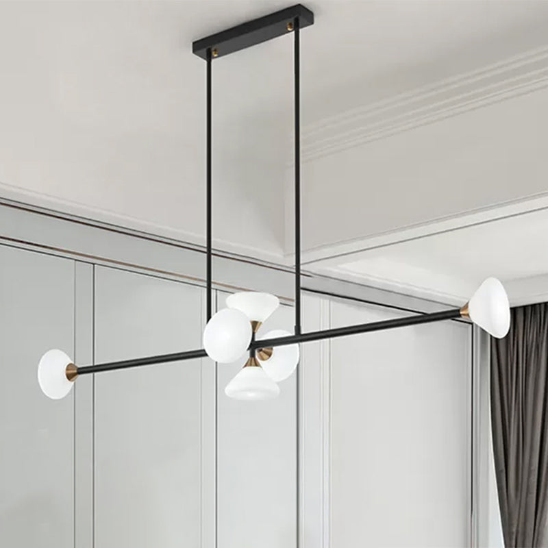 Contemporary 6/10-Head Led Island Pendant Light With White Glass Shades - Black Linear Ceiling