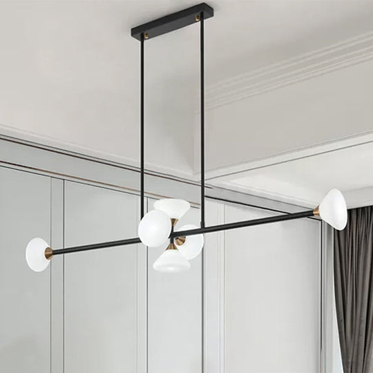 Contemporary 6/10-Head Led Island Pendant Light With White Glass Shades - Black Linear Ceiling