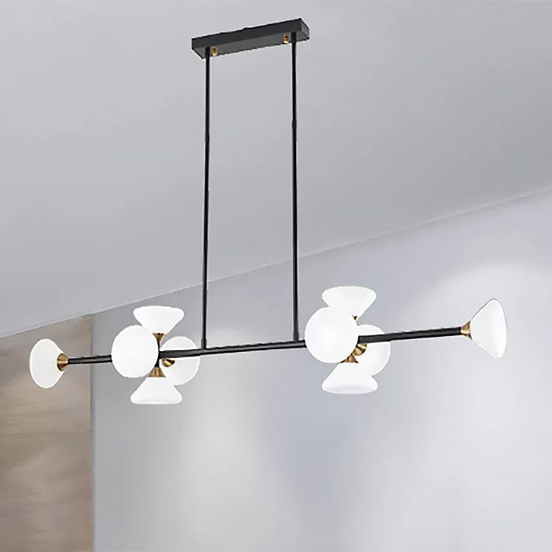 Contemporary 6/10-Head Led Island Pendant Light With White Glass Shades - Black Linear Ceiling