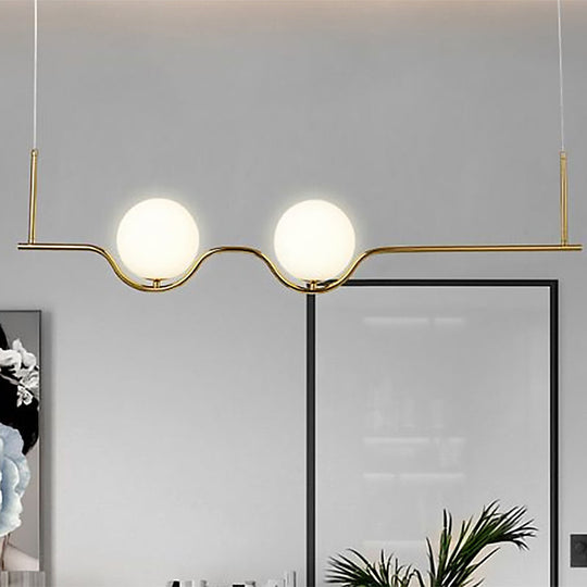 Modern Brass 2-Head Island Pendant With Adjustable Cord - Ball White Glass Shade Living Room Ceiling