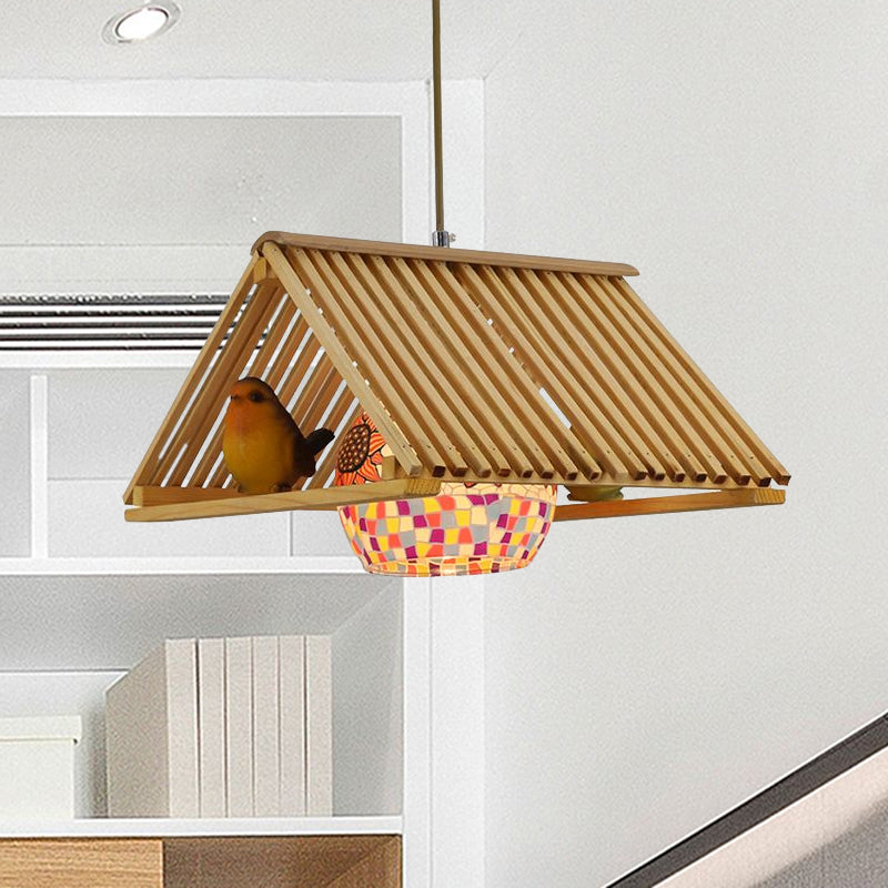 Modern Wood Pendant Light In Roof Shape Beige Hanging Fixture 16/19.5 Width