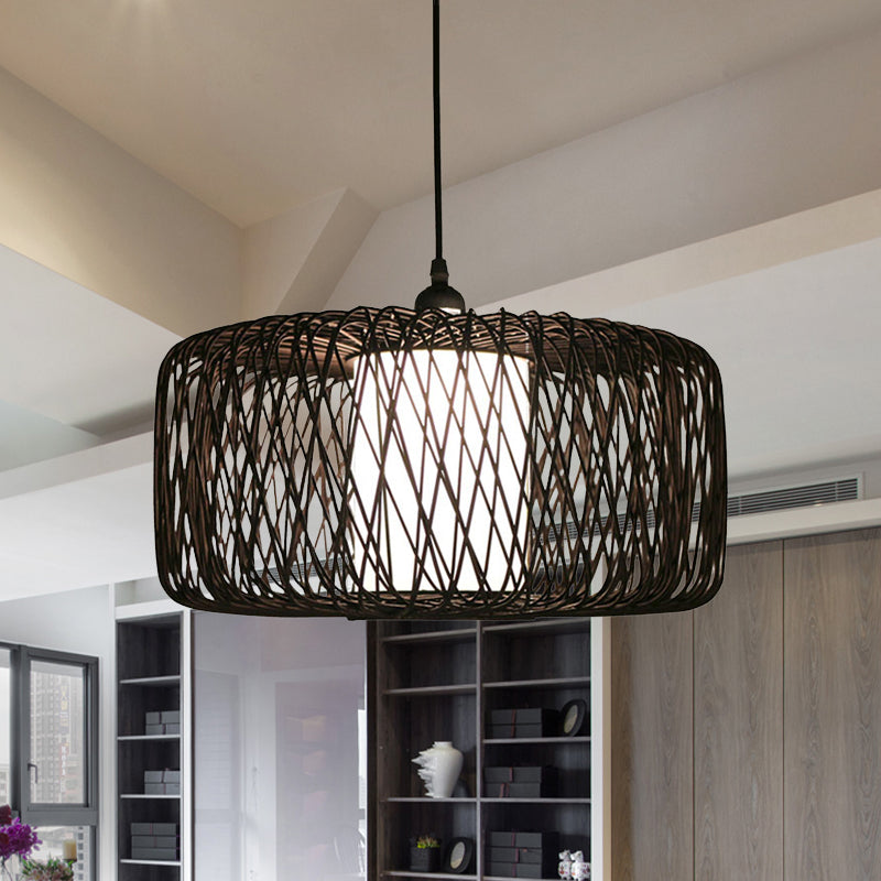 1-Light Restaurant Hanging Bamboo Drum Pendant Lamp, 16"/23.5" Wide, Black Shade Fixture