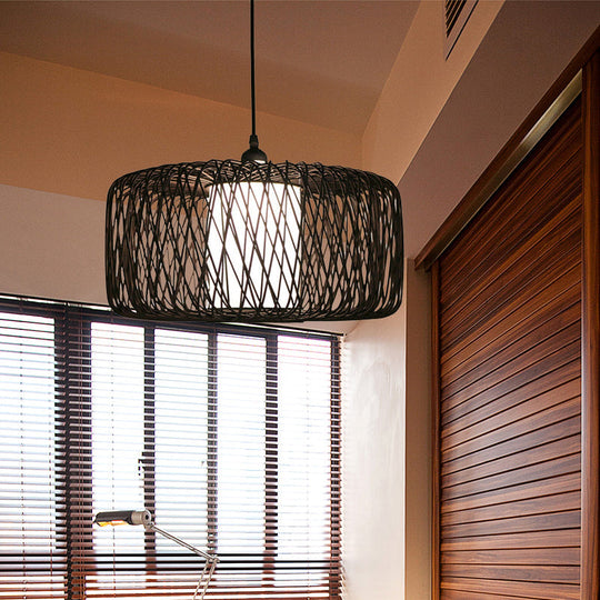 Contemporary Restaurant Hanging Lamp With Bamboo Shade- Black Pendant Light Fixture 16/23.5 Wide