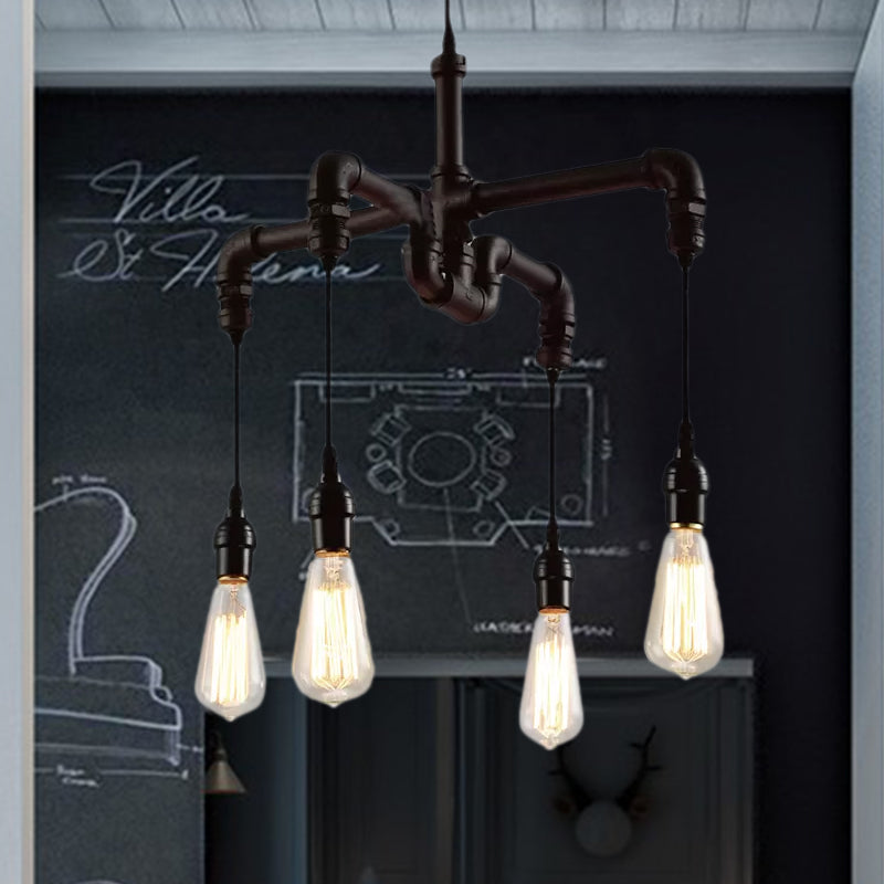 Rustic Water Pipe Ceiling Light: 4-Bulb Antique Bronze And Black Wrought Iron Chandelier