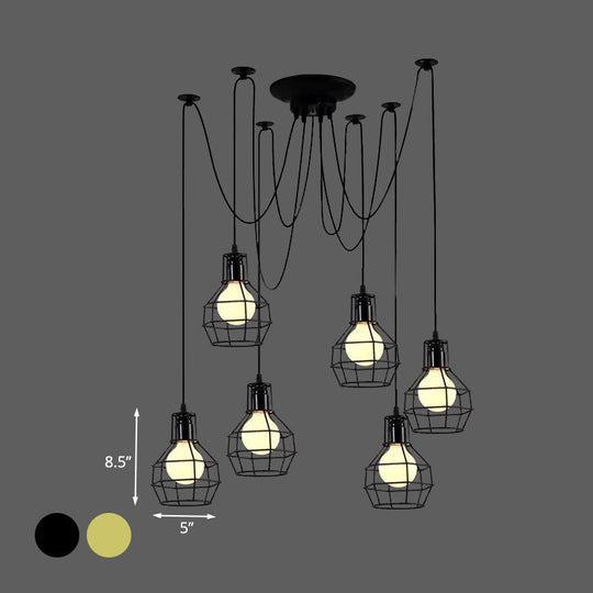 Industrial Style Spider Pendant Hanging Light - 6 Bulbs, Black/Gold Iron, Dining Room Ceiling Lamp