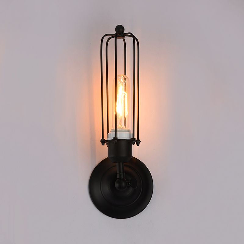 Industrial Black/Rust Metal Wall Sconce With Linear Cage Design For Living Room