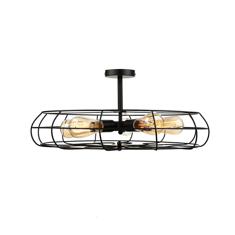 Vintage Fan Shaped 5-Light Iron Ceiling Light With Wire Cage Shade - Semi Flush Mount In Rust/Black