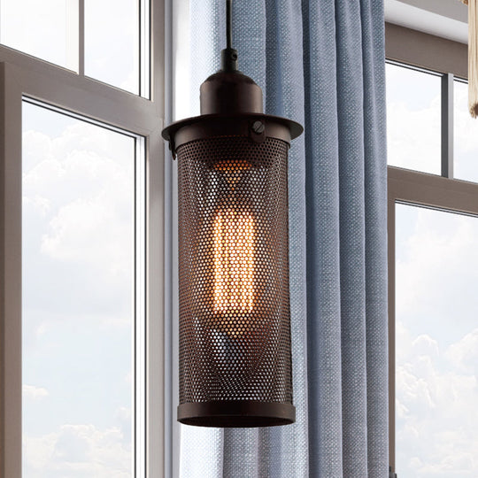 Industrial Metal Hanging Pendant Lamp With Mesh Cage Shade - Black/Rust Finish