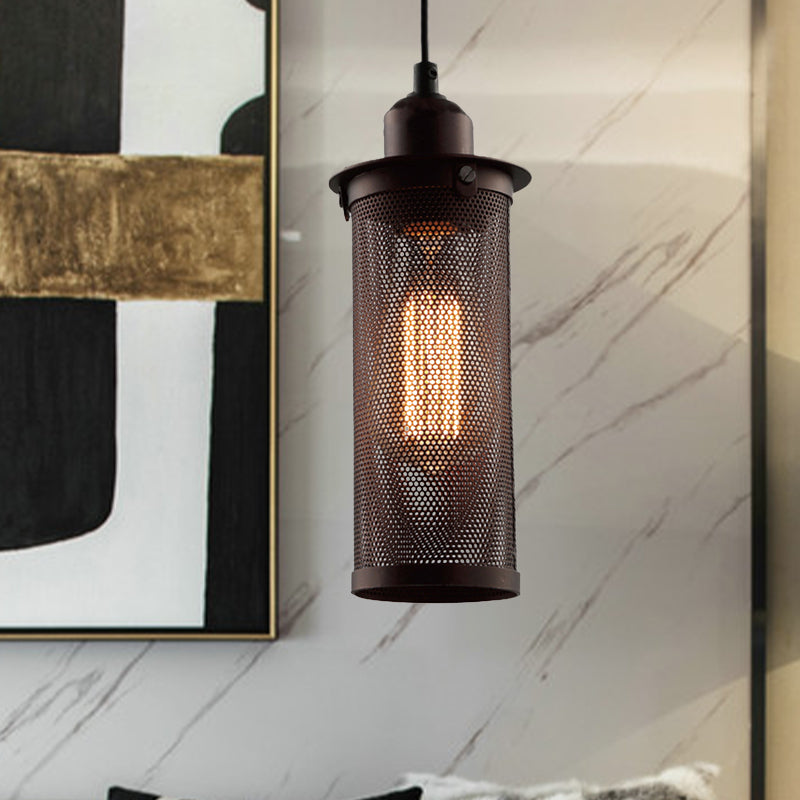 Industrial Metal Hanging Pendant Lamp With Mesh Cage Shade - Black/Rust Finish