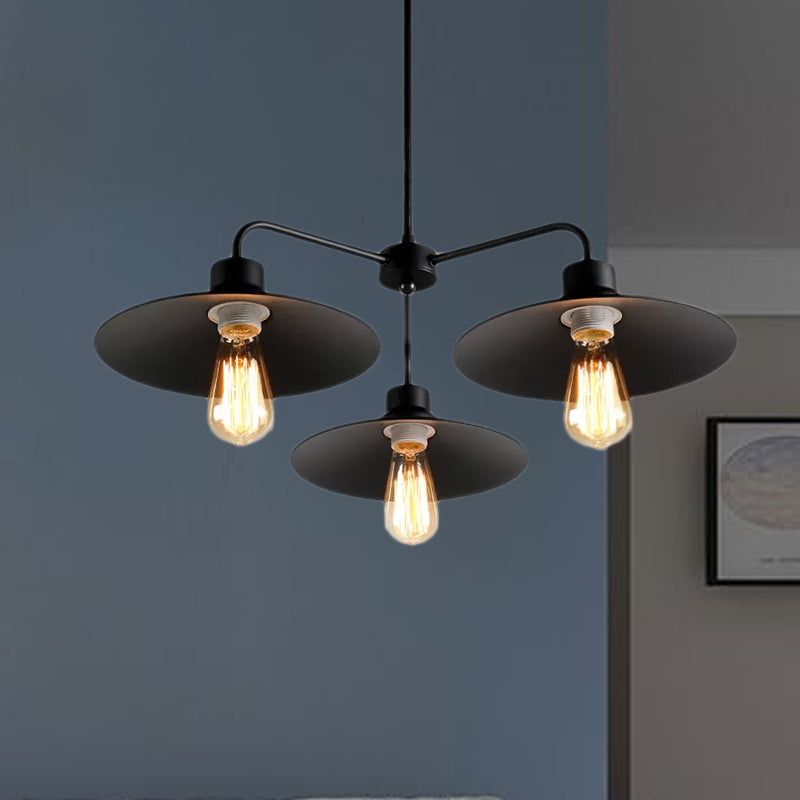 Industrial Round Black Chandelier Pendant Light - Vintage Style, Metallic Finish, with Hanging Rod - 3/5 Lights