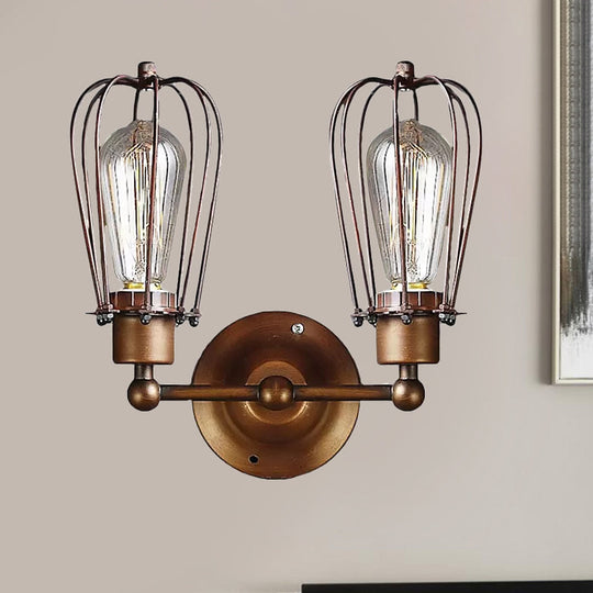 Industrial Style Caged Wall Sconce Lighting - 2-Light Metal Mini Light In Copper/Aged Silver