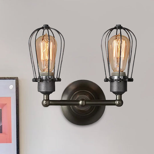 Industrial Style Caged Wall Sconce Lighting - 2-Light Metal Mini Light In Copper/Aged Silver