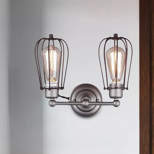 Industrial Style Caged Wall Sconce Lighting - 2-Light Metal Mini Light In Copper/Aged Silver