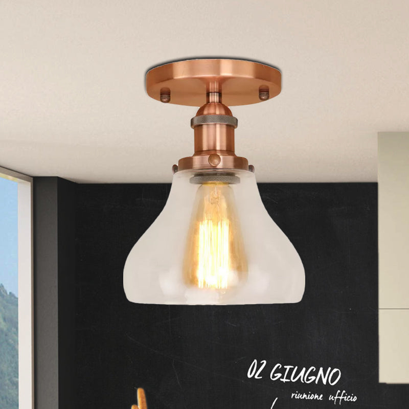 Farmhouse Cone Clear Glass Ceiling Lighting Fixture - Single Bulb Semi Flush Mount in Black/Brass/Copper