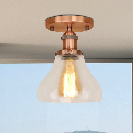 Farmhouse Cone Clear Glass Ceiling Lighting Fixture - Single Bulb Semi Flush Mount in Black/Brass/Copper