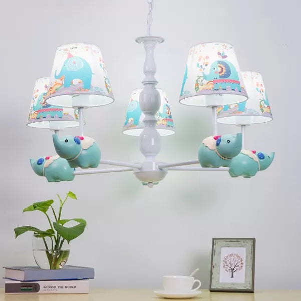 Metallic Blue Elephant Pendant Lamp With Coolie Shade Chandelier For Nursing Room