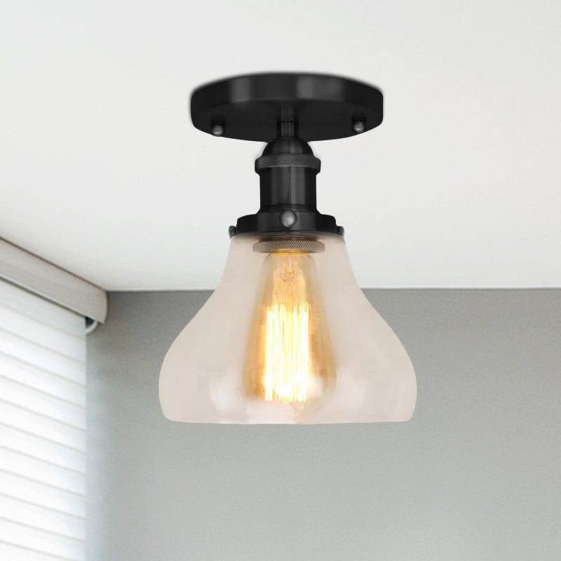 Farmhouse Cone Clear Glass Ceiling Lighting Fixture - Single Bulb Semi Flush Mount In