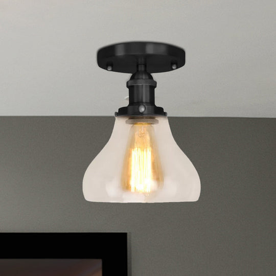 Farmhouse Cone Clear Glass Ceiling Lighting Fixture - Single Bulb Semi Flush Mount in Black/Brass/Copper