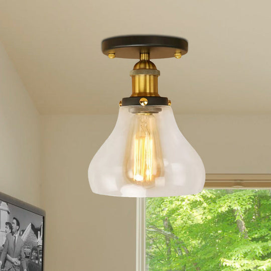 Farmhouse Cone Clear Glass Ceiling Lighting Fixture - Single Bulb Semi Flush Mount in Black/Brass/Copper