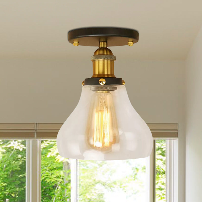 Farmhouse Cone Clear Glass Ceiling Lighting Fixture - Single Bulb Semi Flush Mount in Black/Brass/Copper