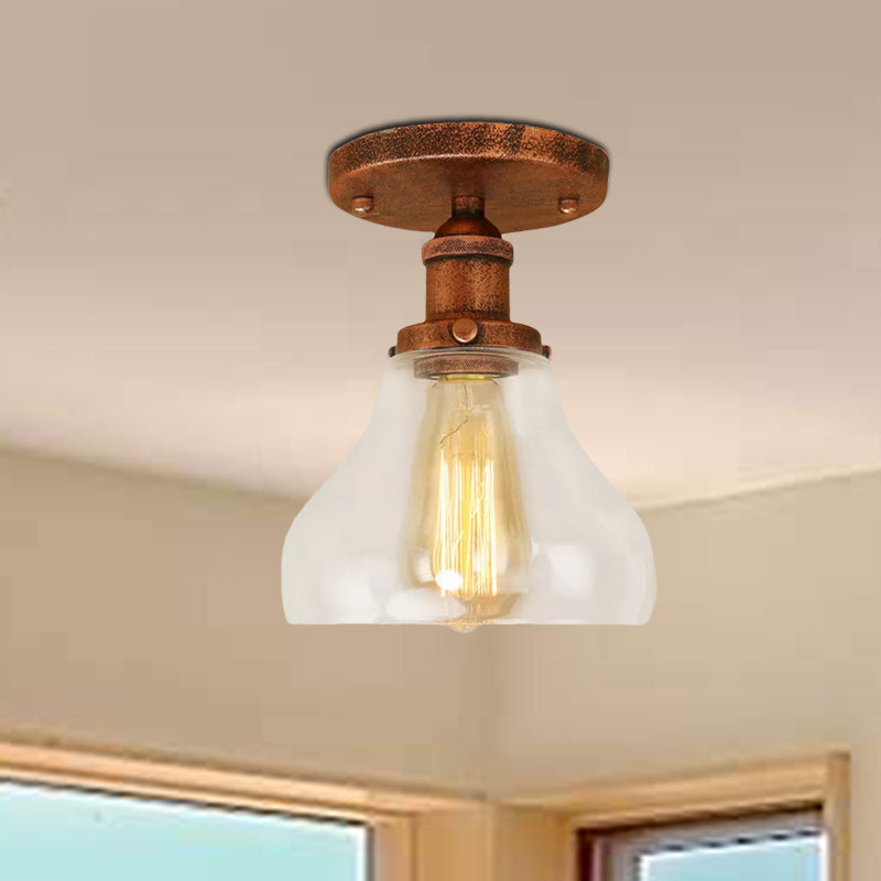 Farmhouse Cone Clear Glass Ceiling Lighting Fixture - Single Bulb Semi Flush Mount in Black/Brass/Copper