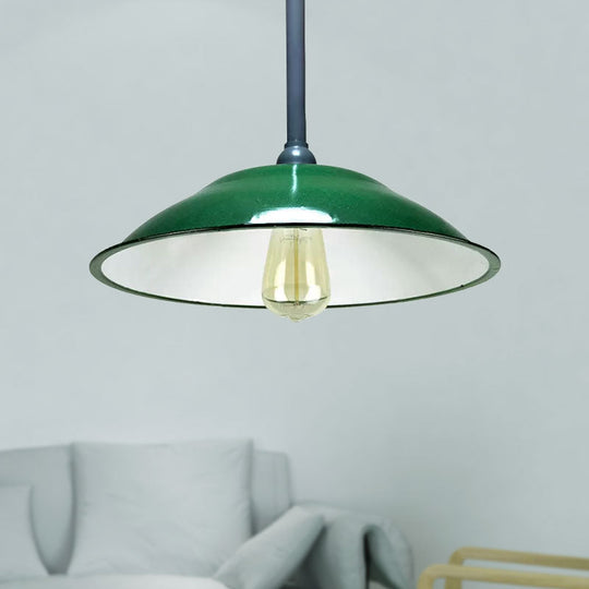 Industrial Enamel Farmhouse Pendant Light - Green Saucer Shade, 1 Light, 11"/12" Diameter