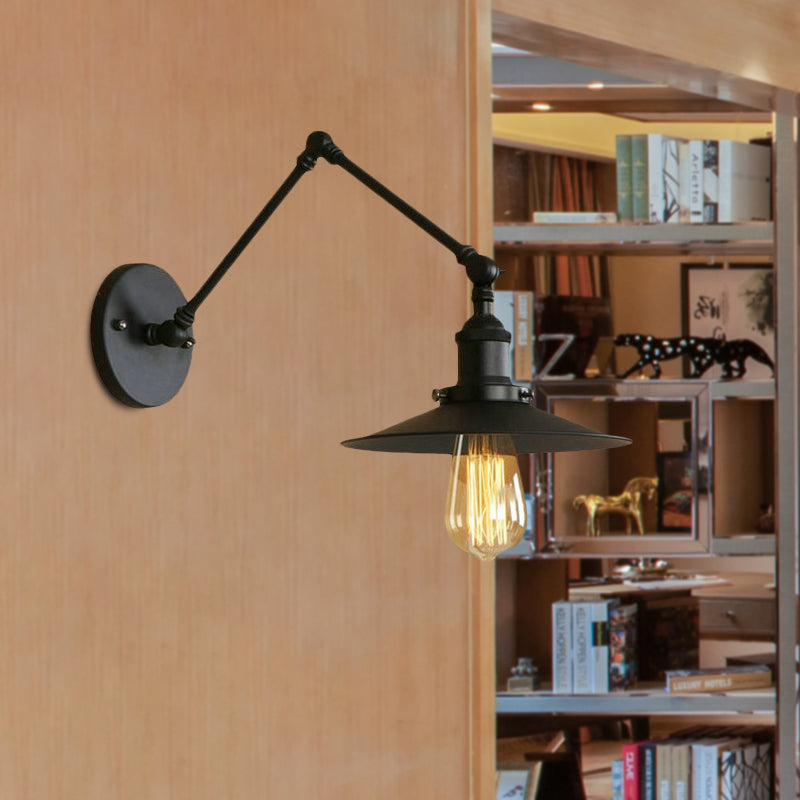 Industrial Style Metal Black/Rust Wall Mount Light With Swing Arm And Flat Shade - 1 Bulb Lamp