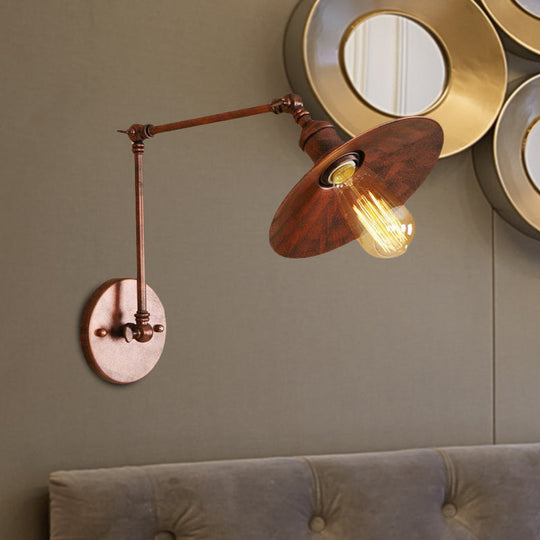 Industrial Style Metal Black/Rust Wall Mount Light With Swing Arm And Flat Shade - 1 Bulb Lamp