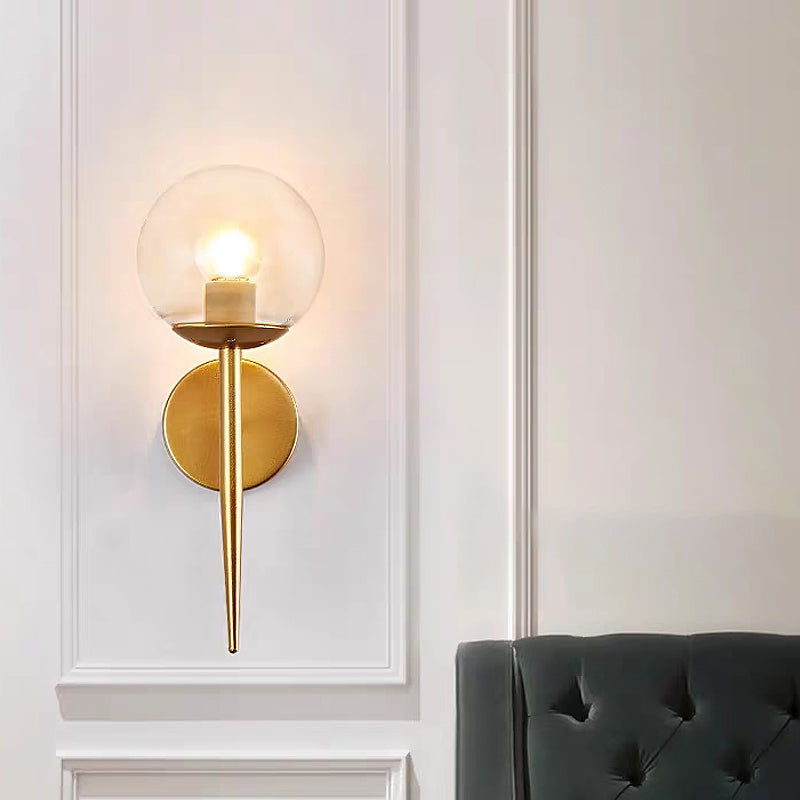 Modern 1 Light Clear Glass Globe Wall Sconce In Gold For Living Room Lighting