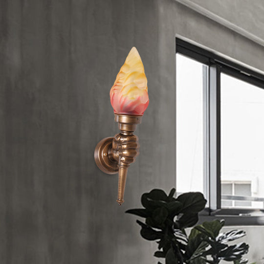 Rustic Glass Shade Wall Mount Torch Sconce Lighting In Bronze For Foyer