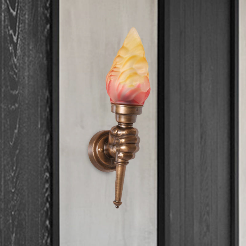 Rustic Glass Shade Wall Mount Torch Sconce Lighting In Bronze For Foyer