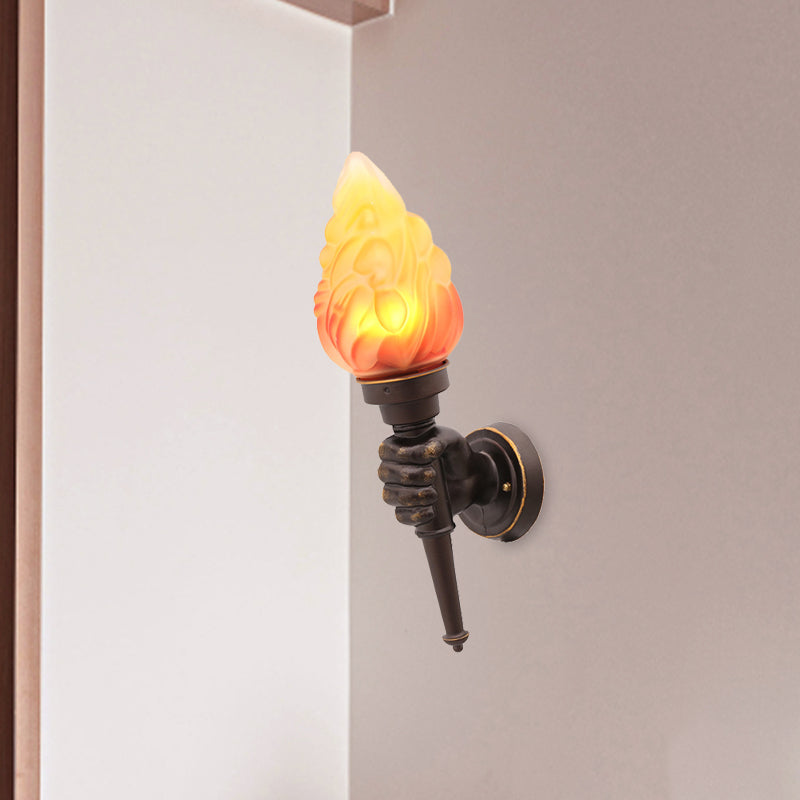 Rustic Glass Shade Wall Mount Torch Sconce Lighting In Bronze For Foyer