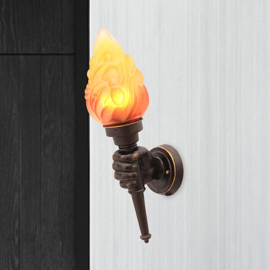 Rustic Glass Shade Wall Mount Torch Sconce Lighting In Bronze For Foyer