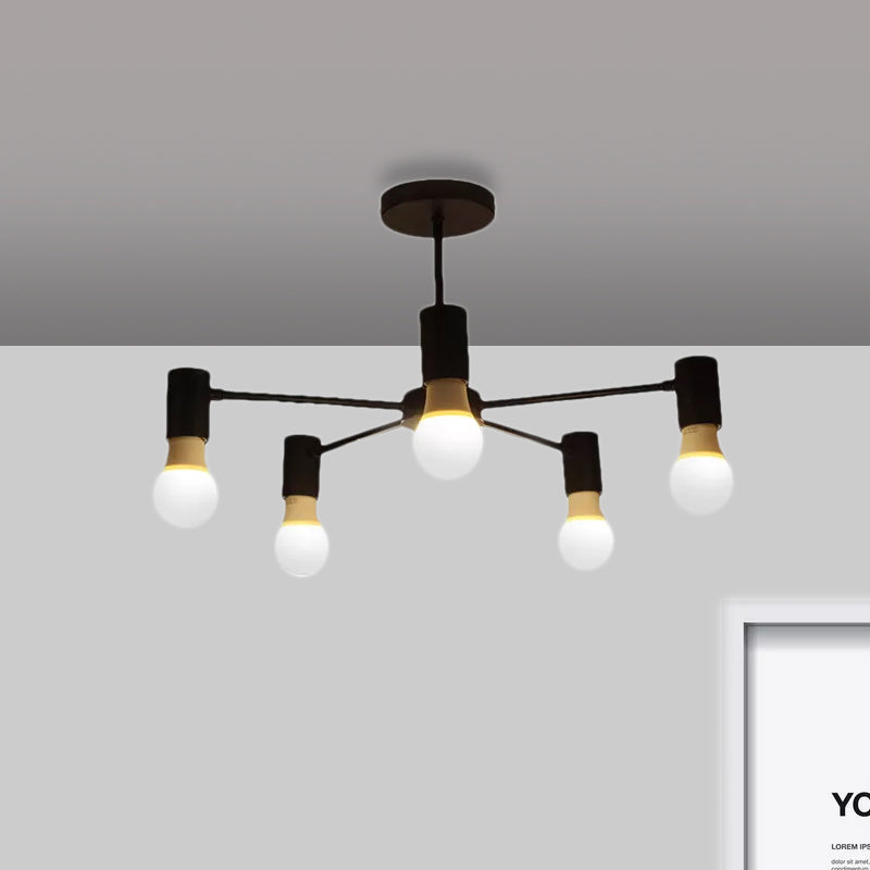 Industrial Style Semi Flush Ceiling Light with Open Bulb, Available in Black/White - 3 or 5 Heads