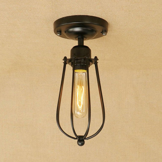 Industrial Loft Black Metallic Mini Cage Semi Flush Light Fixture - 1 Light Close to Ceiling