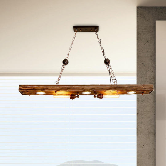 Rustic 5-Light Linear Hanging Lamp With Wood Board - Island Pendant Light For Restaurants