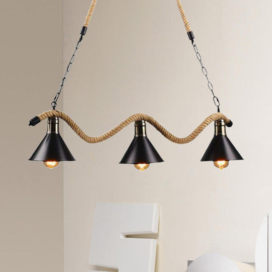 Black Metal & Rope Pendant Light - Farmhouse Style With Wavy Conic Design 3/5 Bulbs