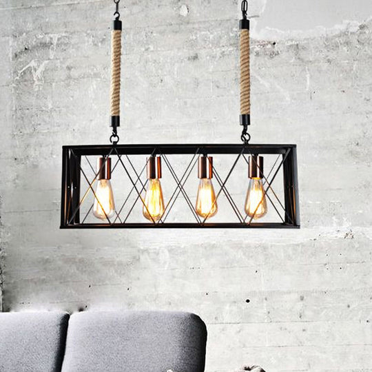 X-Cage Shade Vintage Industrial Linear Metal Island Pendant Light With 4 Bulbs In Black - Ideal For