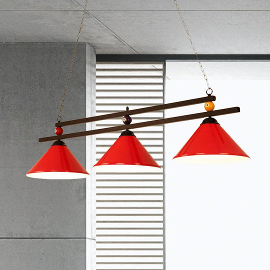 Black/Red Industrial Cone Shade Ceiling Pendant With 3 Metal Heads And Billiard Ball Deco