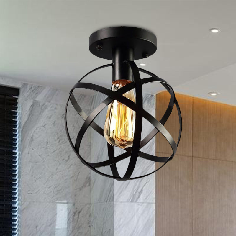 Industrial Black Metal Semi Flush Cage Shade Ceiling Lamp