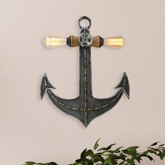 2-Light Nautical Industrial Wall Lamp: Anchor Design Wrought Iron Sconce Lighting For Restaurants