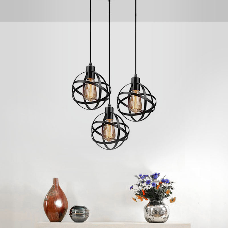 Spherical Pendant Light Fixture: Industrial Black Metal with Wire Guard - Perfect for Dining Room Lighting