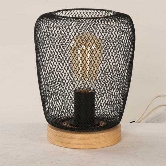 Industrial Stylish Table Lamp With Wire Guard For Bedroom - Metal And Wood Task In Black