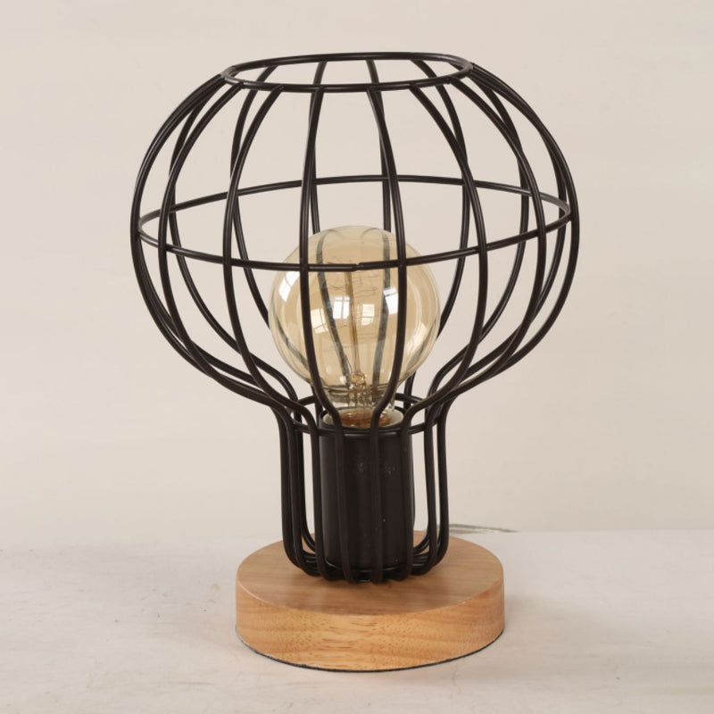 Industrial Stylish Table Lamp With Wire Guard For Bedroom - Metal And Wood Task In Black