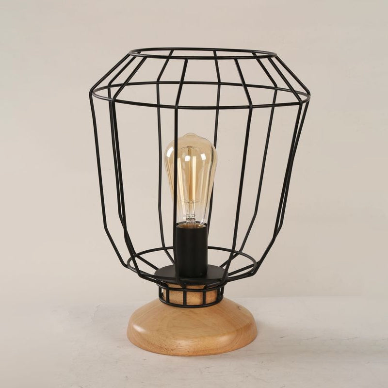 Industrial Stylish Table Lamp With Wire Guard For Bedroom - Metal And Wood Task In Black