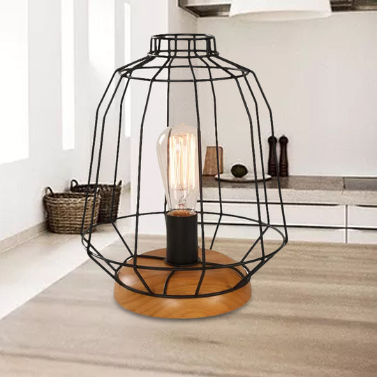 Industrial Stylish Table Lamp With Wire Guard For Bedroom - Metal And Wood Task In Black