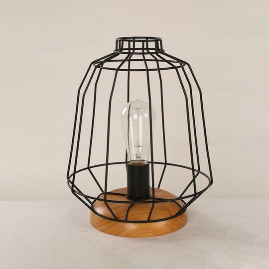 Industrial Stylish Table Lamp With Wire Guard For Bedroom - Metal And Wood Task In Black