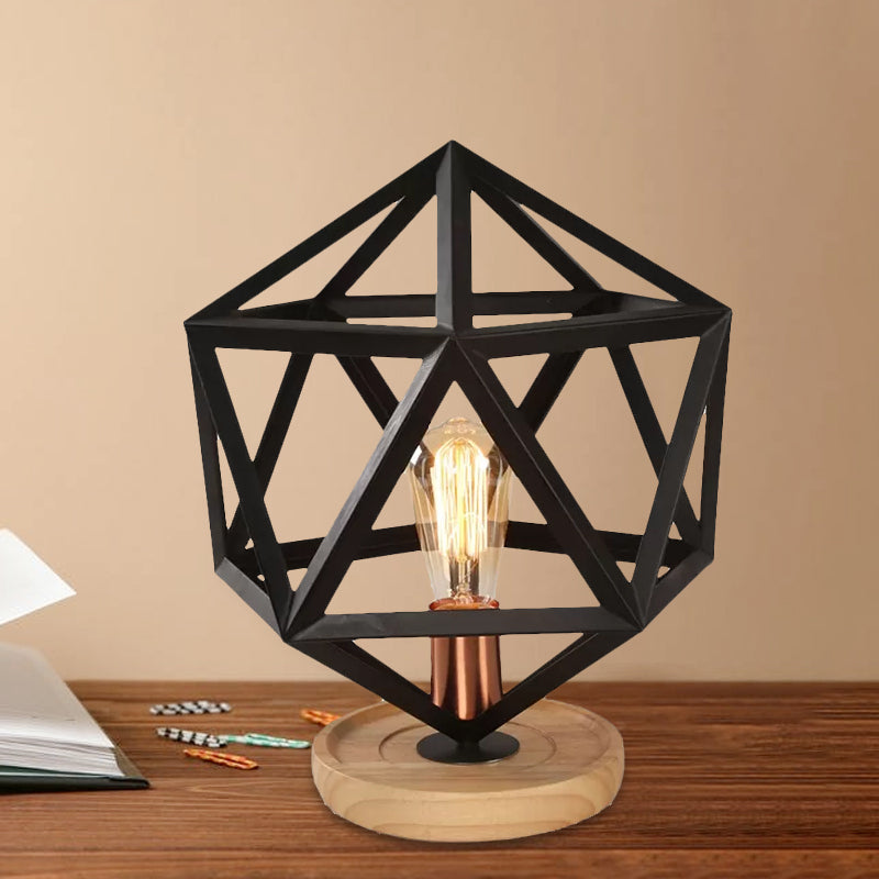 Industrial Stylish Table Lamp With Wire Guard For Bedroom - Metal And Wood Task In Black