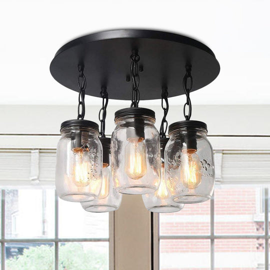 Etched Clear Glass Mason Jar Semi Flush Industrial Light Fixture - Ideal For Dining Room 3/5-Bulb