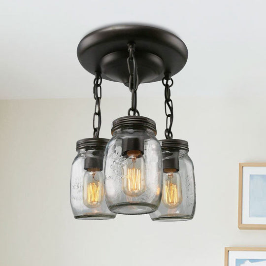 Etched Clear Glass Mason Jar Semi Flush Industrial Light Fixture - Ideal For Dining Room 3/5-Bulb